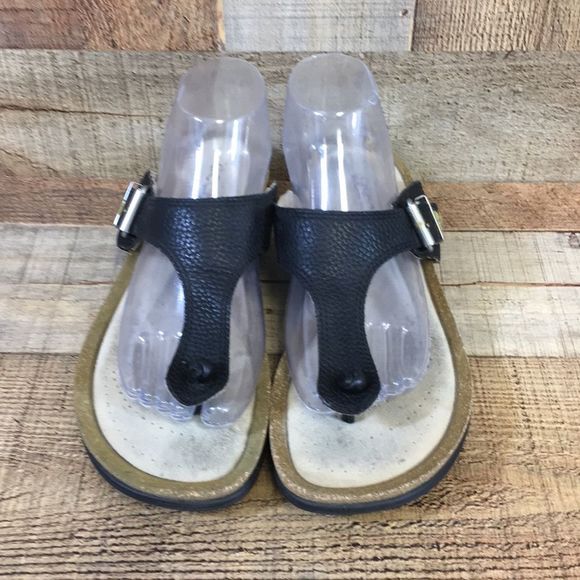 Ecco Sandals Womens 41 Black Thong Black Leather Buckle Strap Flip Flop 10-10.5 - Picture 2 of 16